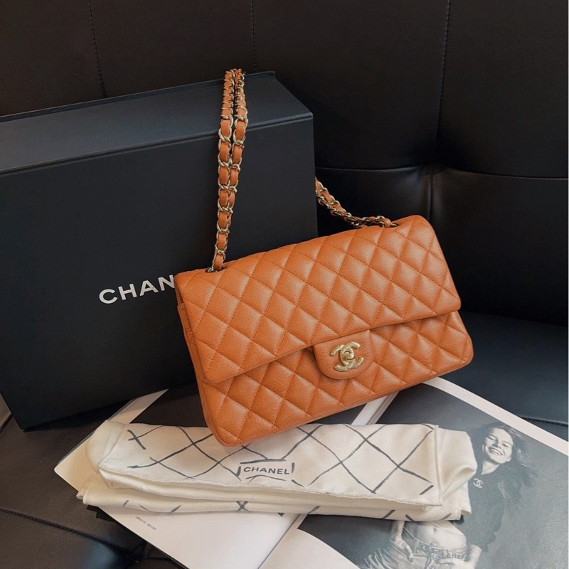 【99新🆕】Chanel Classic Flag 限量新色 棕色/南瓜色/焦糖色 金扣 荔枝皮CF雙蓋 黃金中號 單肩包-3