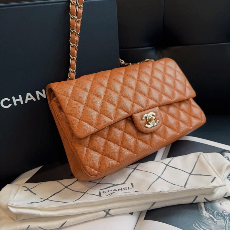 【99新🆕】Chanel Classic Flag 限量新色 棕色/南瓜色/焦糖色 金扣 荔枝皮CF雙蓋 黃金中號 單肩包-4
