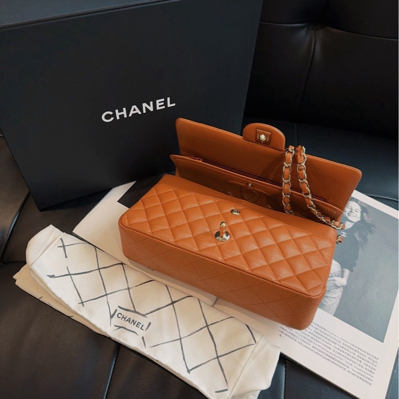 【99新🆕】Chanel Classic Flag 限量新色 棕色/南瓜色/焦糖色 金扣 荔枝皮CF雙蓋 黃金中號 單肩包-5