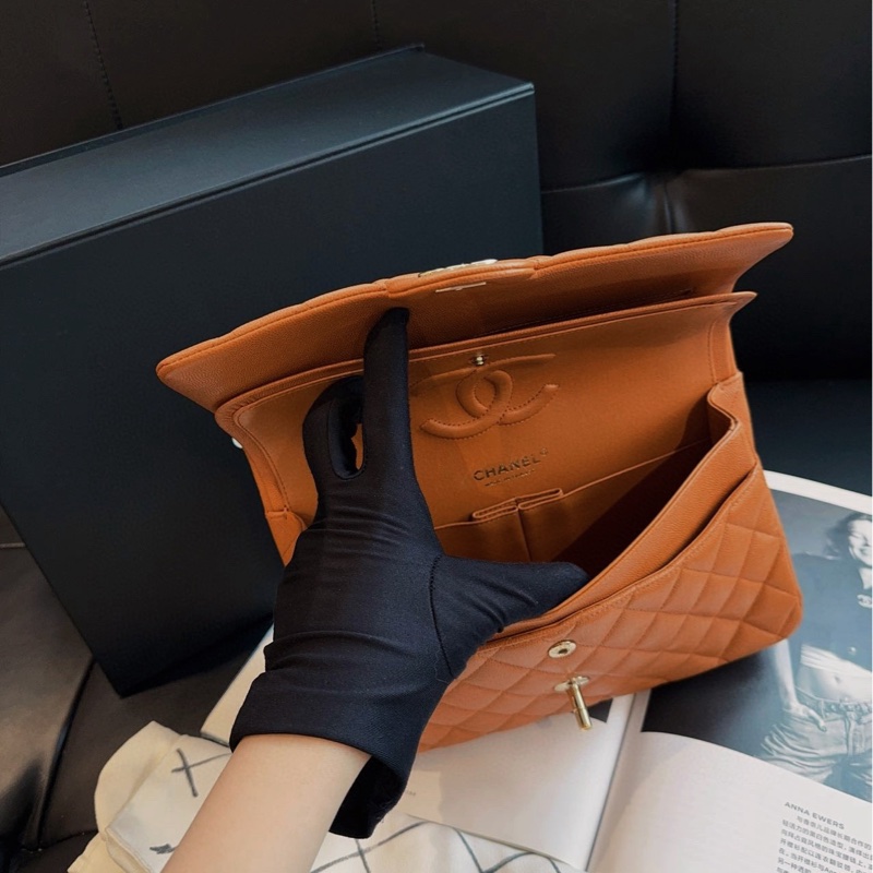 【99新🆕】Chanel Classic Flag 限量新色 棕色/南瓜色/焦糖色 金扣 荔枝皮CF雙蓋 黃金中號 單肩包-6