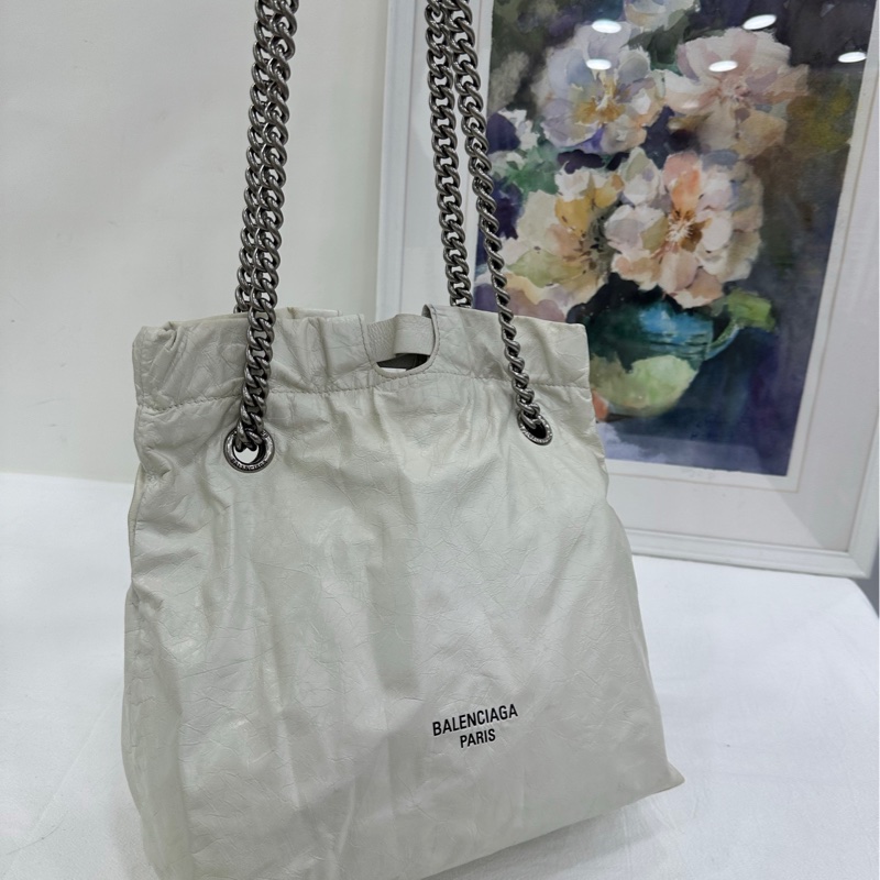 Balenciaga巴黎世家 CRUSH白色垃圾袋 雙鏈 霧面小牛皮 手提斜挎單肩包-5