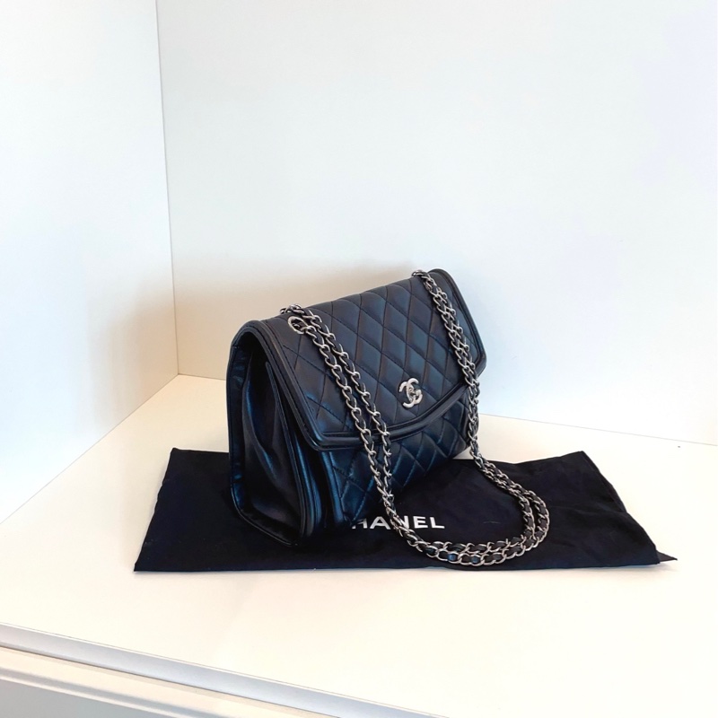 【98新🆕】Chanel黑銀菱格戴妃CF翻蓋鏈條郵差包 斜挎包 單肩包-1