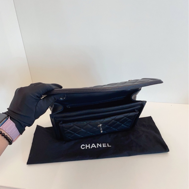 【98新🆕】Chanel黑銀菱格戴妃CF翻蓋鏈條郵差包 斜挎包 單肩包-6