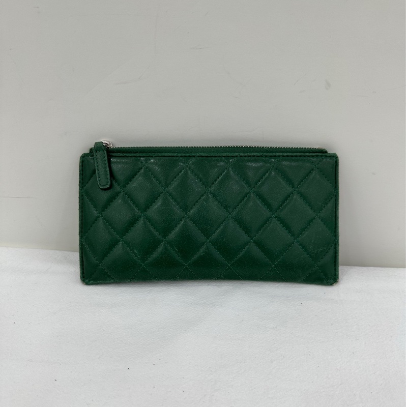Chanel/香奈兒 28開 菱格飽滿綠色拉鍊卡包錢包-1