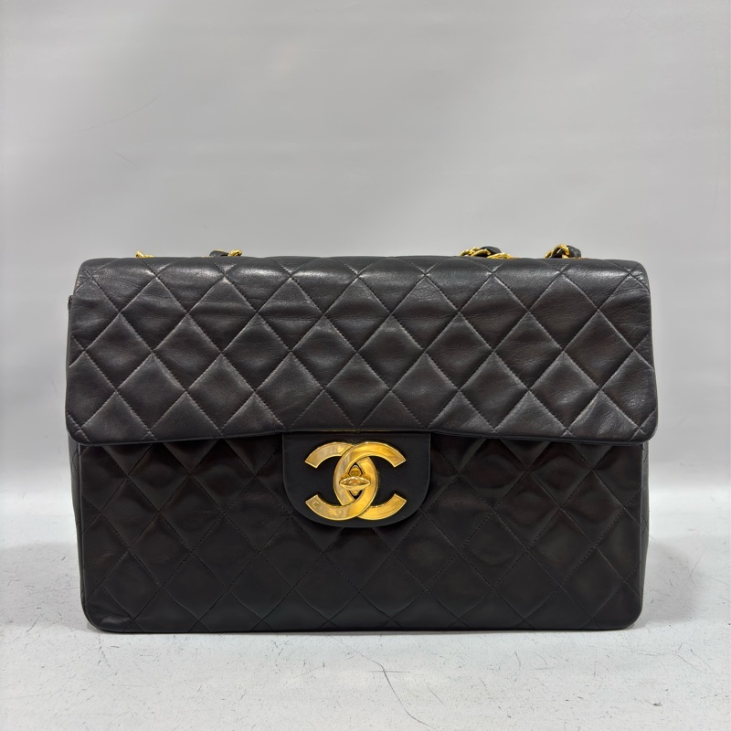 CHANEL 老香 黑色 羊皮 金鍊 MAXI COCO 33 MAXI 單蓋 肩背包 斜背包 兩用包 側背包 經典藏品-1