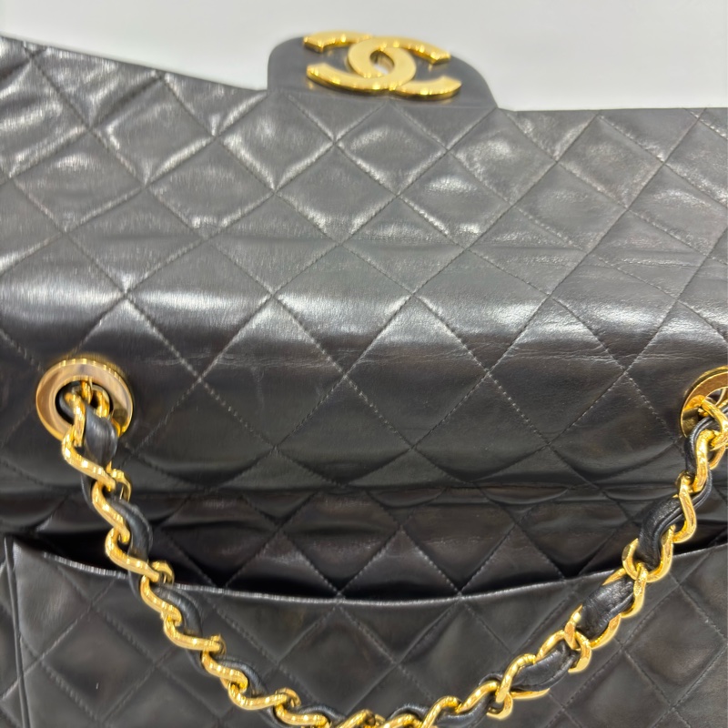 CHANEL 老香 黑色 羊皮 金鍊 MAXI COCO 33 MAXI 單蓋 肩背包 斜背包 兩用包 側背包 經典藏品-67