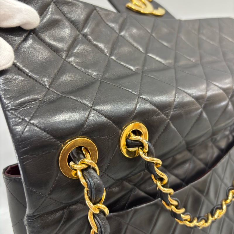 CHANEL 老香 黑色 羊皮 金鍊 MAXI COCO 33 MAXI 單蓋 肩背包 斜背包 兩用包 側背包 經典藏品-68