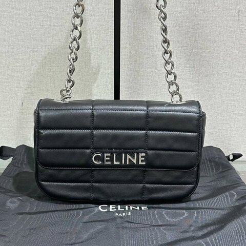 CELINE 黑色銀標按扣開合鏈條包23*15*5 99新配件塵袋