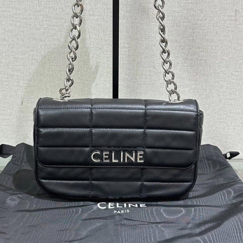 CELINE 黑色銀標按扣開合鏈條包23*15*5 99新配件塵袋-0