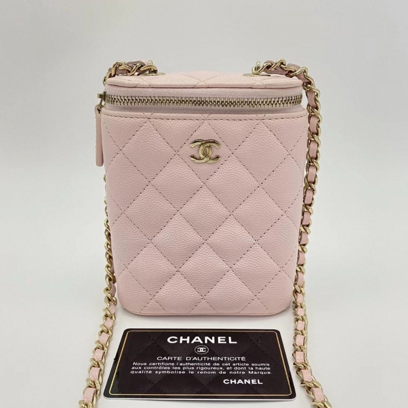 CHANEL 櫻花粉金菱格紋肩背斜背煙盒包10*13*4 98新配件保卡塵袋-0