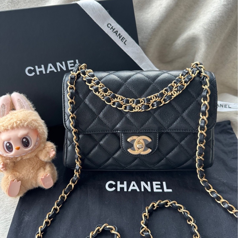 【配件:帶票大全套 💕】Chanel cf 方胖子 中號 黑金 黑色 金扣 雙鏈條 荔枝牛皮 手提 單肩 斜挎-0