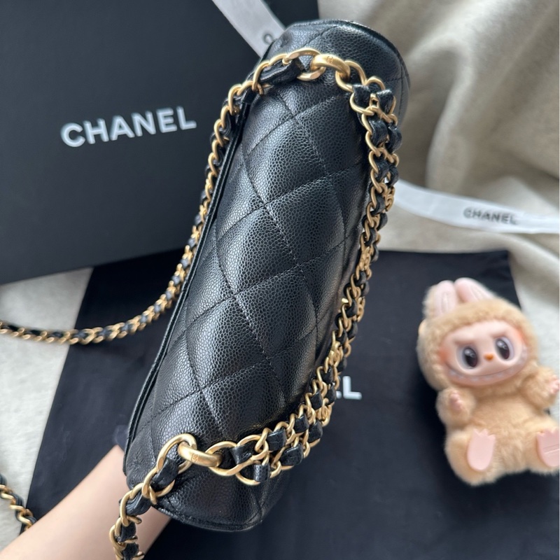 【配件:帶票大全套 💕】Chanel cf 方胖子 中號 黑金 黑色 金扣 雙鏈條 荔枝牛皮 手提 單肩 斜挎-3