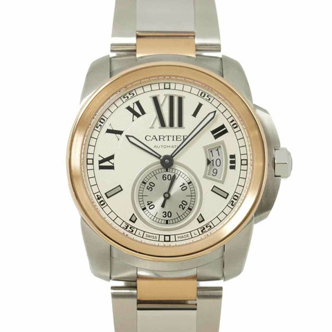 卡地亞 Calibre de Two-Tone 男士腕錶 W7100036，日期顯示，銀色錶殼，18K玫瑰金錶殼，自動上鍊