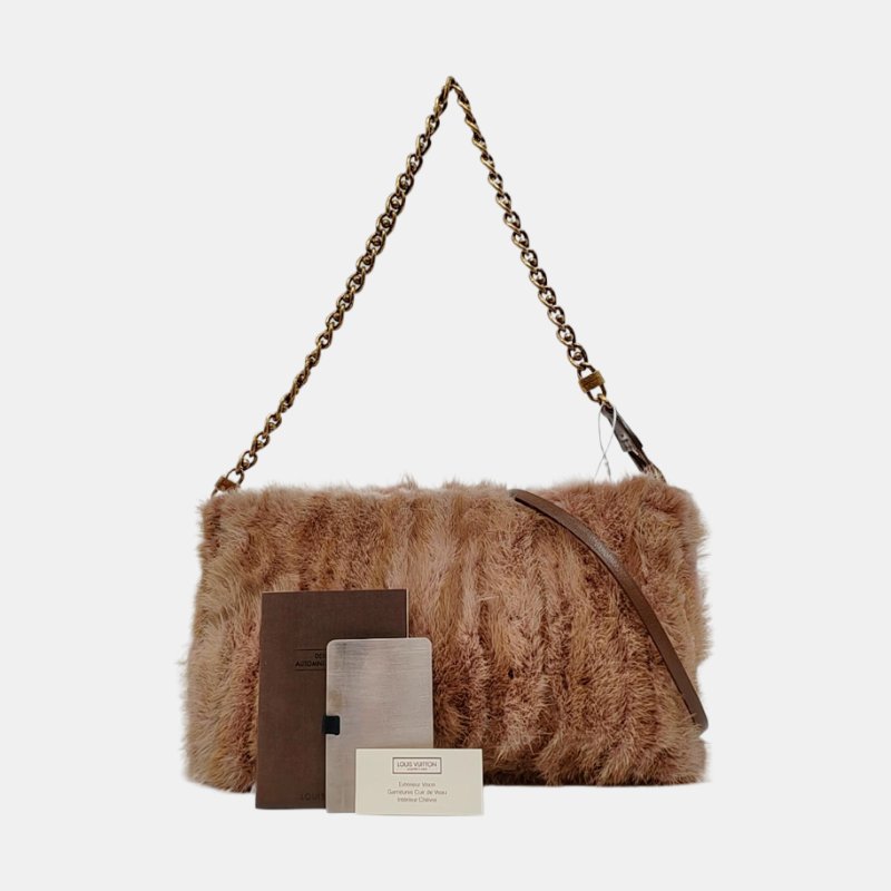 LOUIS VUITTON 棕色皮草單肩包手提包 金色五金 可拆卸肩帶 9.8新-7