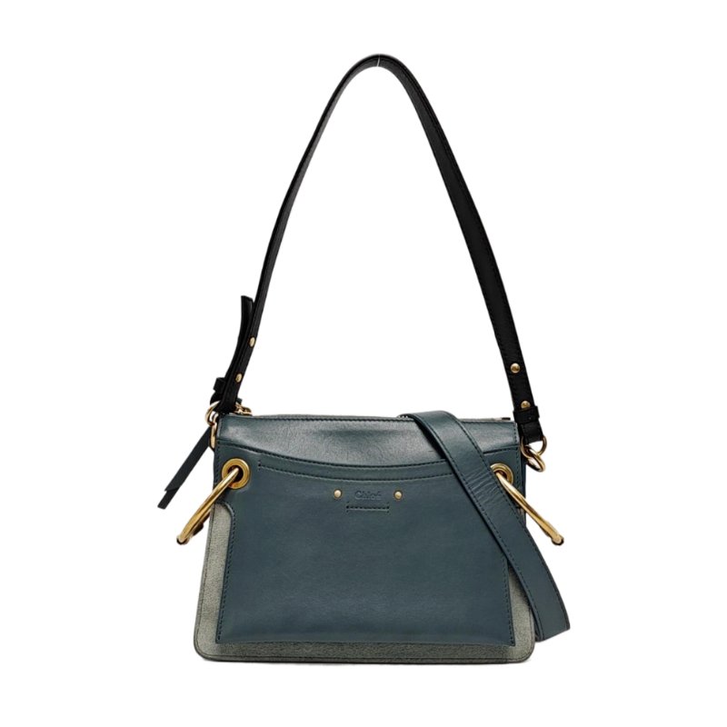 Chloé Roy 藍色牛皮鉚釘單肩包斜挎包 金色五金 2條可拆卸肩帶-0
