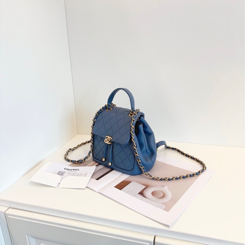 【全新帶膜🆕24年帶票】Chanel  23k 霧霾藍金扣小書包 鏈條雙肩包-3