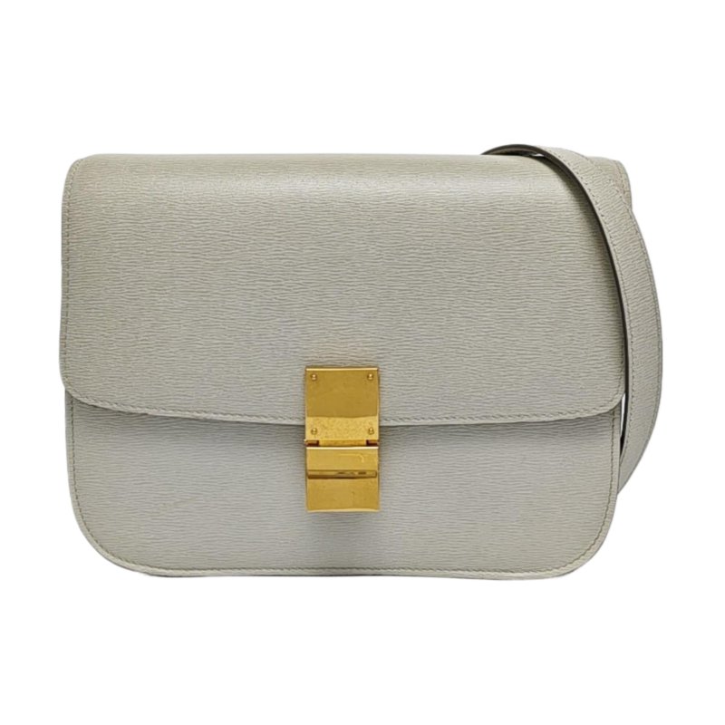 CELINE CLASSIC BOX中號淺灰色牛皮豆腐包斜挎包單肩包金色五金可拆卸肩帶-0