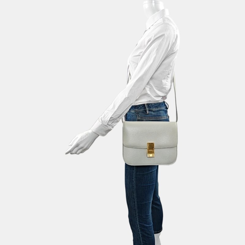 CELINE CLASSIC BOX中號淺灰色牛皮豆腐包斜挎包單肩包金色五金可拆卸肩帶-1