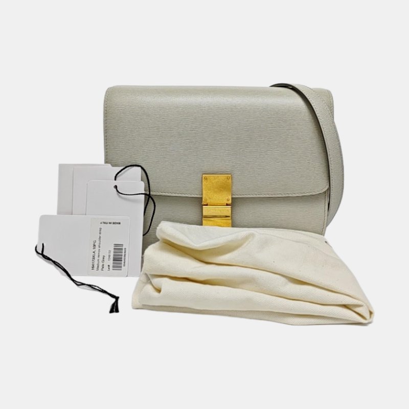 CELINE CLASSIC BOX中號淺灰色牛皮豆腐包斜挎包單肩包金色五金可拆卸肩帶-7