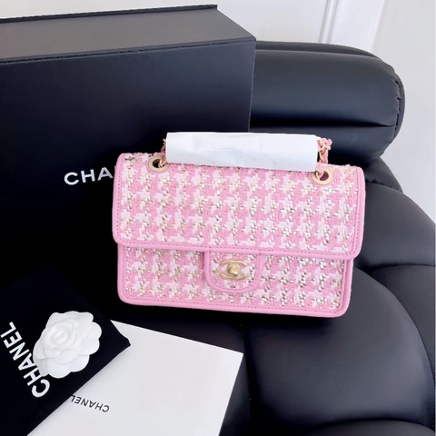 【全新品】Chanel香奈兒cf中號 23C新款粉色編織芯片款鏈條包，金扣