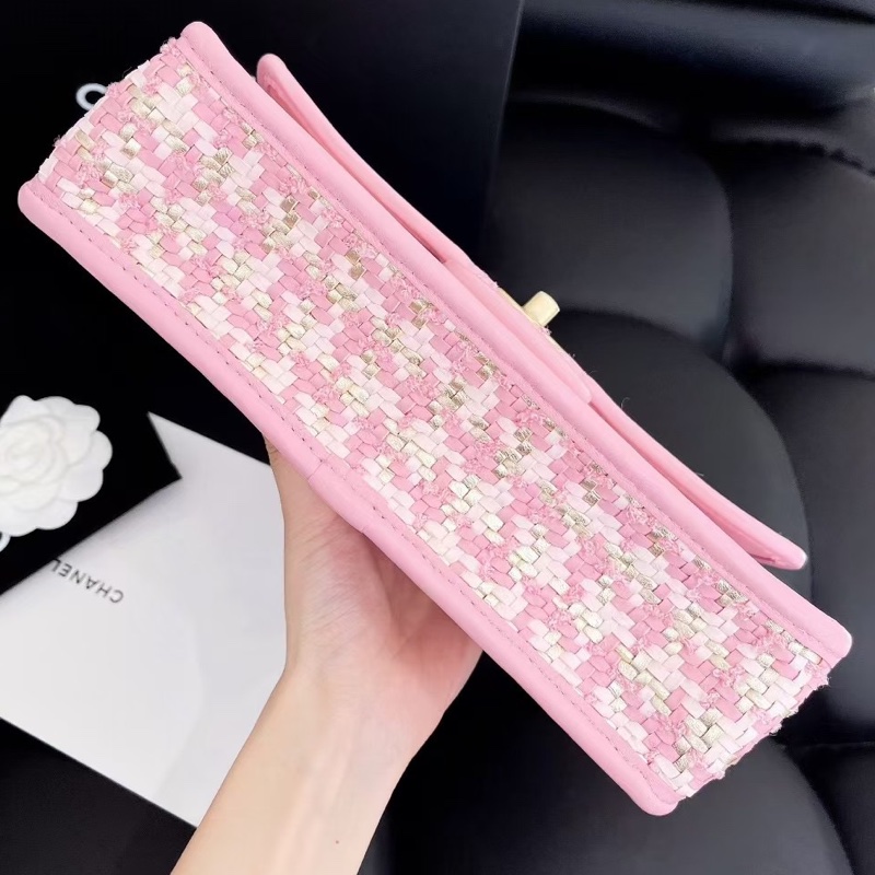 【全新品】Chanel香奈兒cf中號 23C新款粉色編織芯片款鏈條包，金扣-3