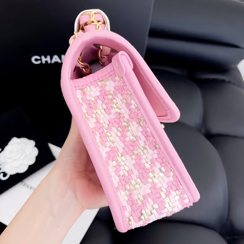 【全新品】Chanel香奈兒cf中號 23C新款粉色編織芯片款鏈條包，金扣-4