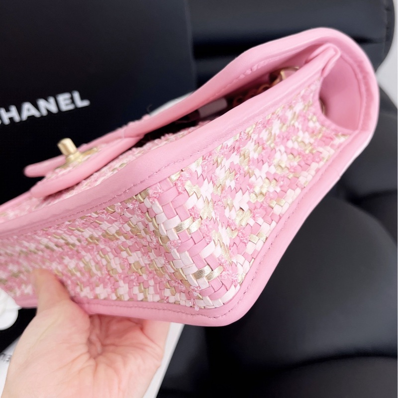 【全新品】Chanel香奈兒cf中號 23C新款粉色編織芯片款鏈條包，金扣-6