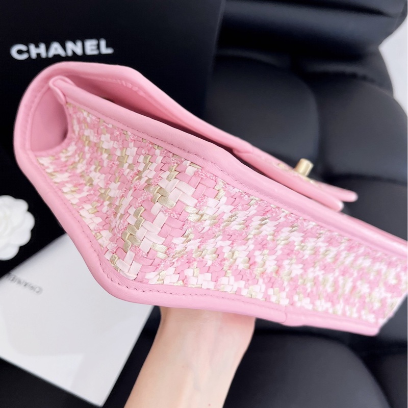 【全新品】Chanel香奈兒cf中號 23C新款粉色編織芯片款鏈條包，金扣-7