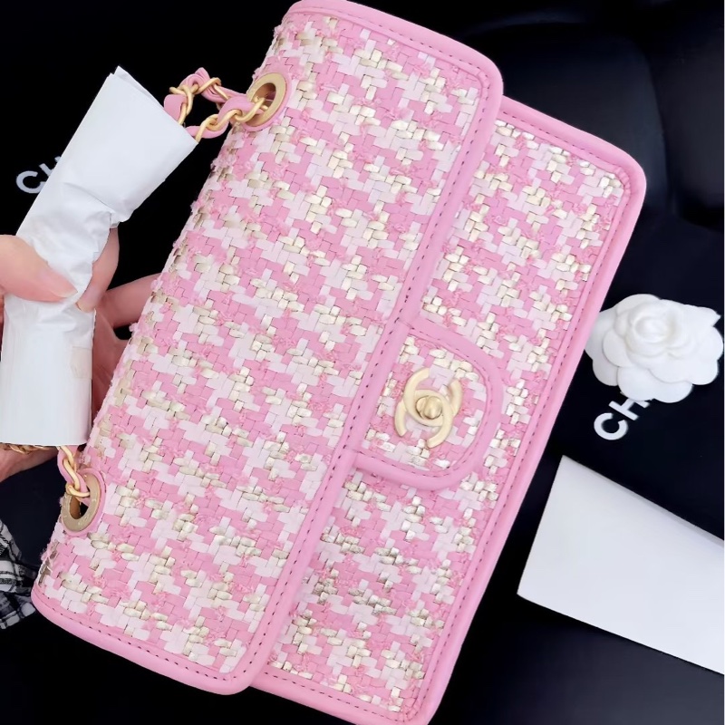 【全新品】Chanel香奈兒cf中號 23C新款粉色編織芯片款鏈條包，金扣-9