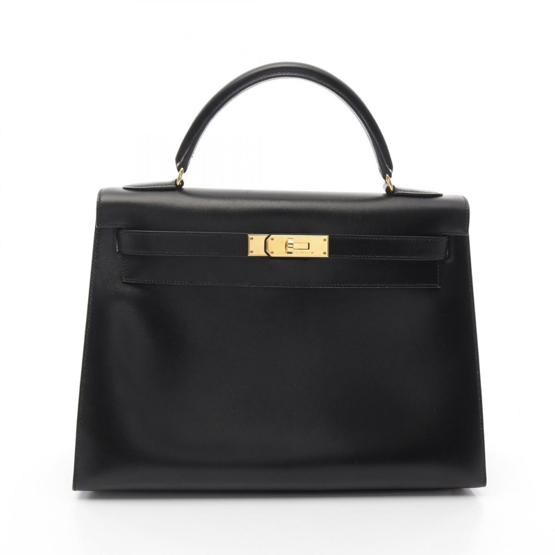 HERMES Box Calf皮革Kelly 32金扣手挽肩背兩用袋Noir-0