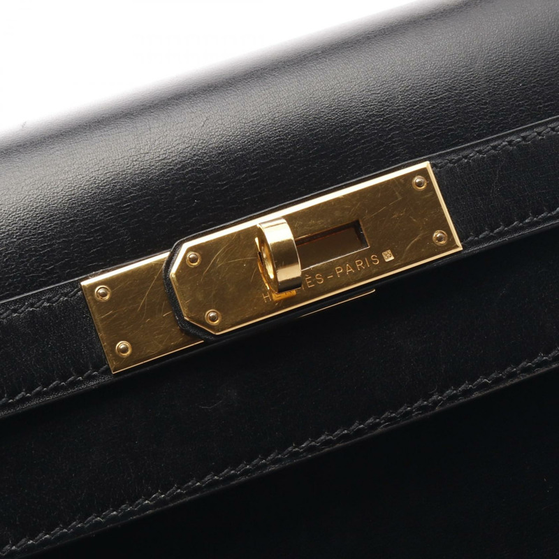 HERMES Box Calf皮革Kelly 32金扣手挽肩背兩用袋Noir-6