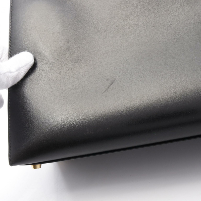 HERMES Box Calf皮革Kelly 32金扣手挽肩背兩用袋Noir-7