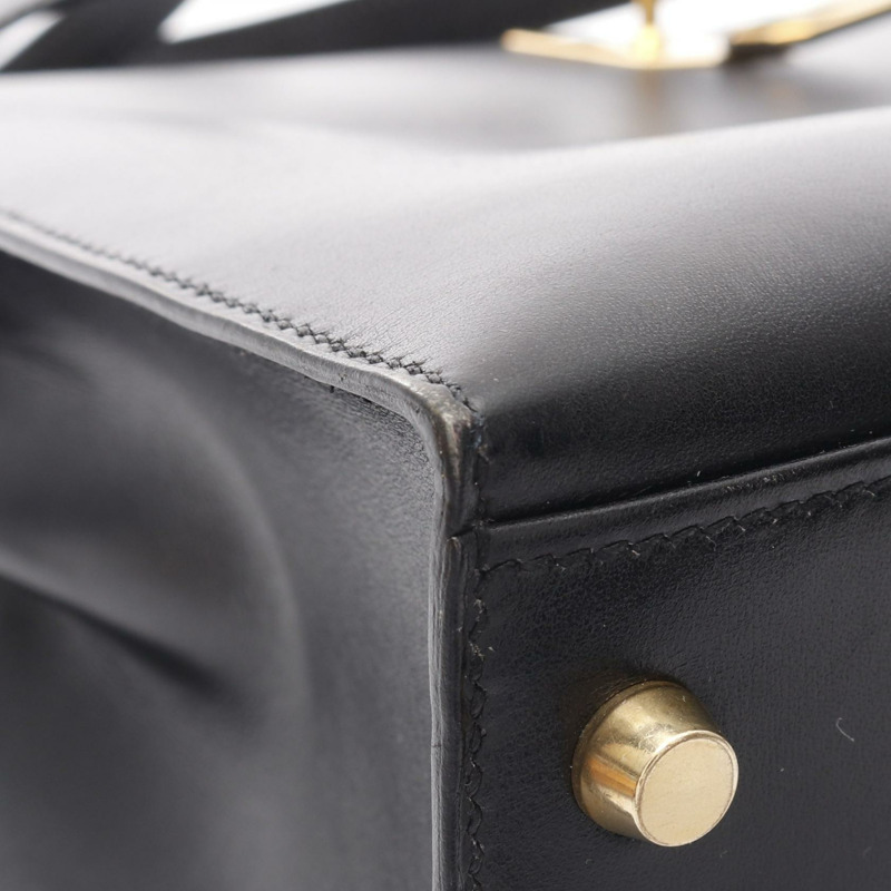 HERMES Box Calf皮革Kelly 32金扣手挽肩背兩用袋Noir-10