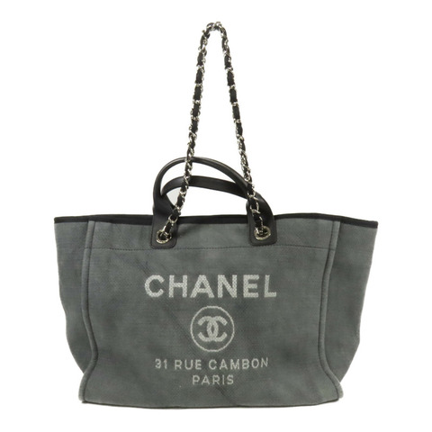 CHANEL 帆布Deauville Tote銀扣鏈帶手挽肩背兩用袋