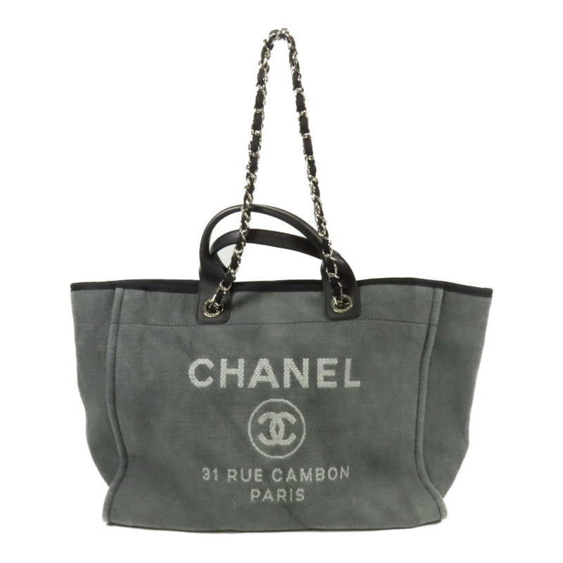 CHANEL 帆布Deauville Tote銀扣鏈帶手挽肩背兩用袋-0