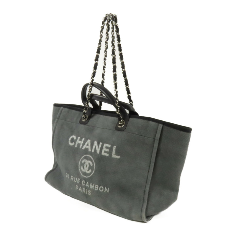 CHANEL 帆布Deauville Tote銀扣鏈帶手挽肩背兩用袋-2