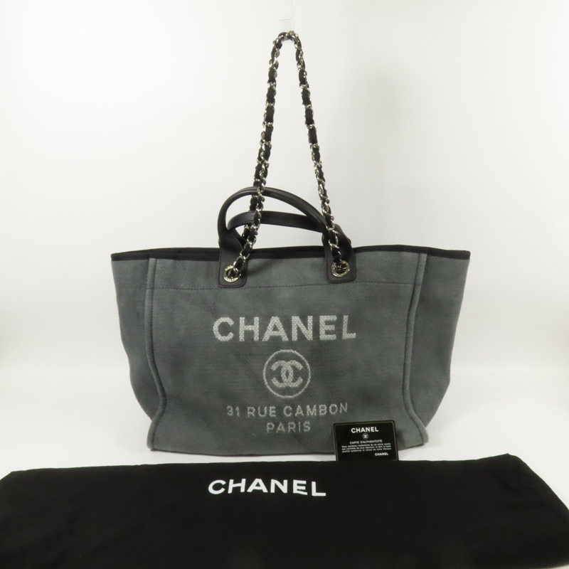 CHANEL 帆布Deauville Tote銀扣鏈帶手挽肩背兩用袋-11