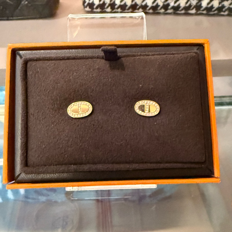 Hermes玫瑰金豬鼻鑽石耳環/Chaine D'ancre Contour Stud Earrings-0