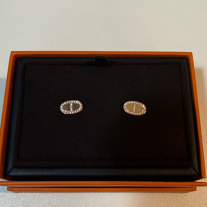 Hermes玫瑰金豬鼻鑽石耳環/Chaine D'ancre Contour Stud Earrings-3