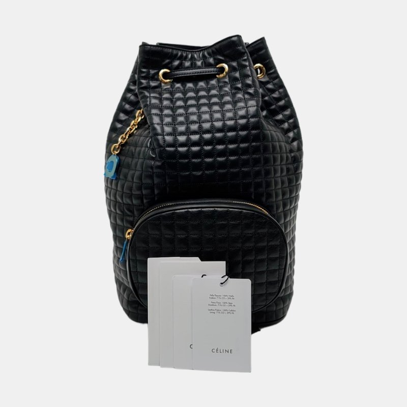 CELINE C CHARM黑色牛皮絎縫單肩包雙肩包 金色五金 9.8新-7