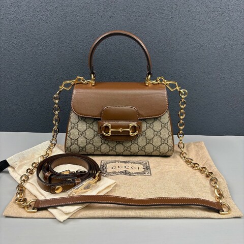 Gucci古馳 老花拼棕色Horsebit 1955郵差包