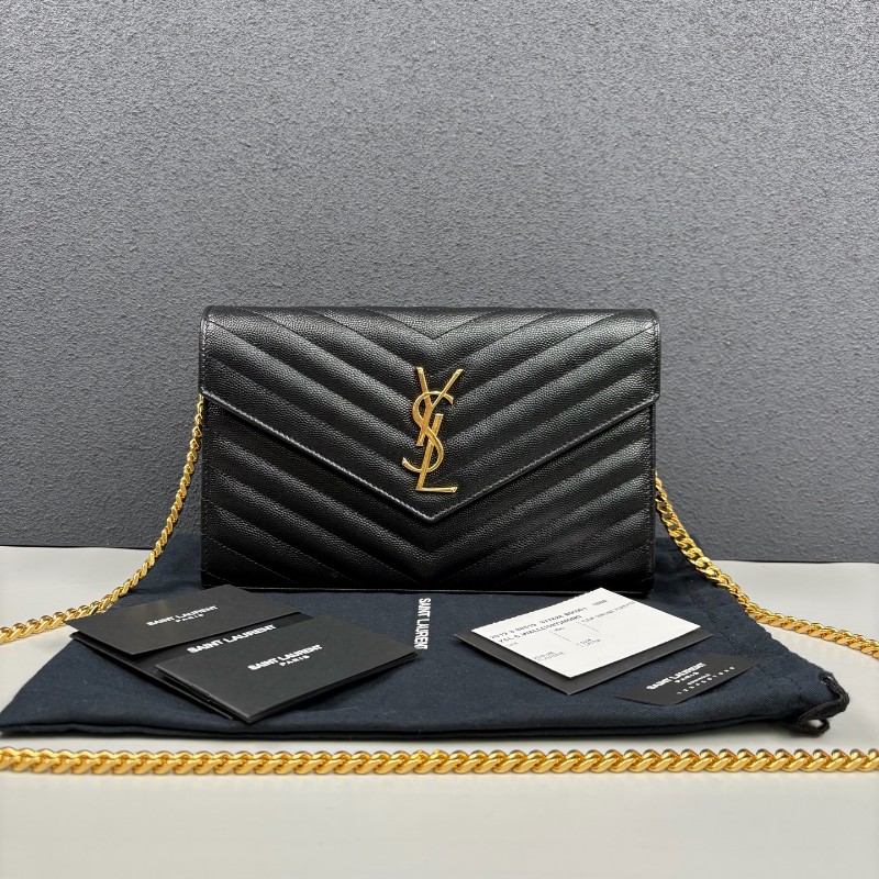 YSL 黑金魚子醬牛皮信封鏈條包-0