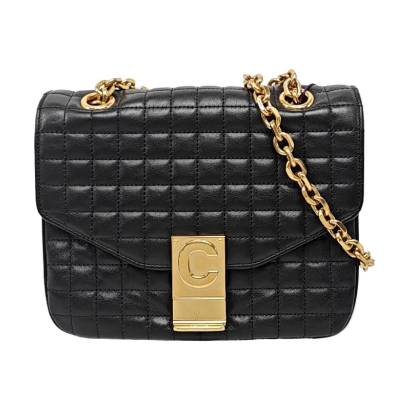 CELINEC 小號黑色牛皮絎縫單肩包斜挎包 金色五金-0