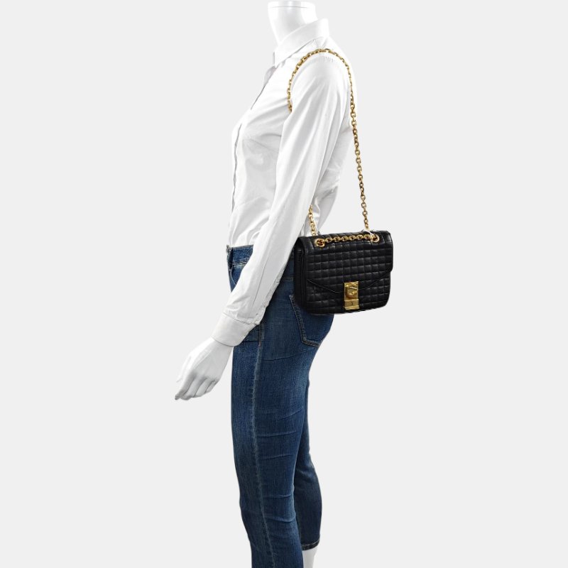 CELINEC 小號黑色牛皮絎縫單肩包斜挎包 金色五金-1