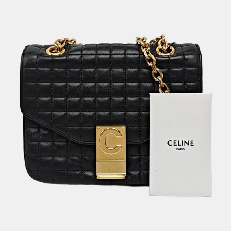 CELINEC 小號黑色牛皮絎縫單肩包斜挎包 金色五金-7