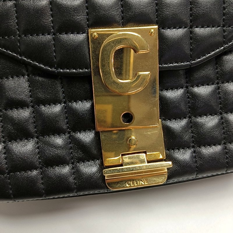 CELINEC 小號黑色牛皮絎縫單肩包斜挎包 金色五金-9