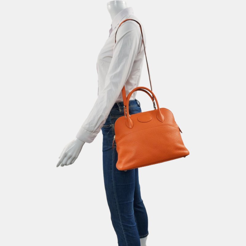 HERMÈS Bolide 31 愛馬仕橙Clemence牛皮保齡球包單肩包手提包 銀色五金 O刻 可拆卸肩帶-1