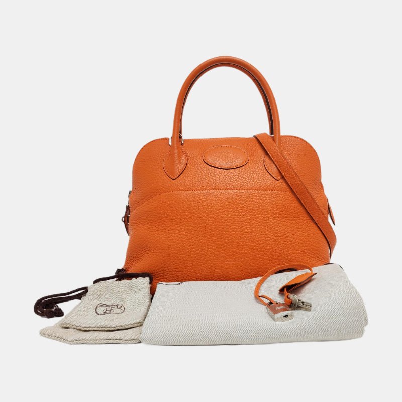HERMÈS Bolide 31 愛馬仕橙Clemence牛皮保齡球包單肩包手提包 銀色五金 O刻 可拆卸肩帶-7