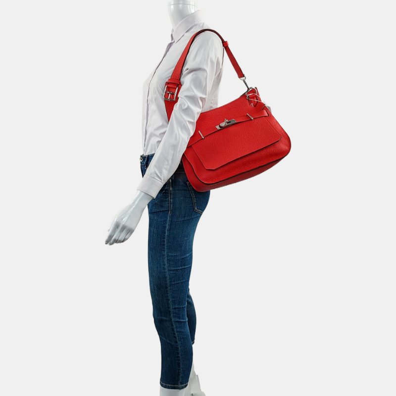 HERMÈS Jypsiere國旗紅Clemence牛皮吉普賽包單肩包手提包 銀色五金 可拆卸肩帶 9.8新-1