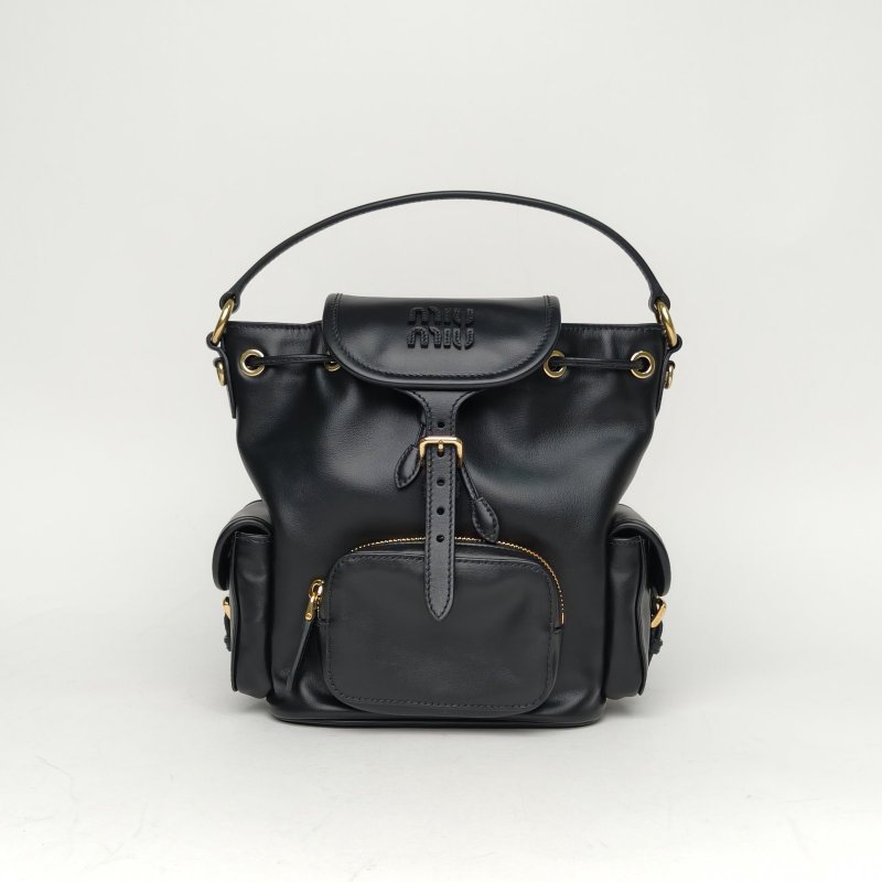 MIU MIU 黑色牛皮MIUMIU雙肩包皮革徽標雙肩包小號肩背包-0